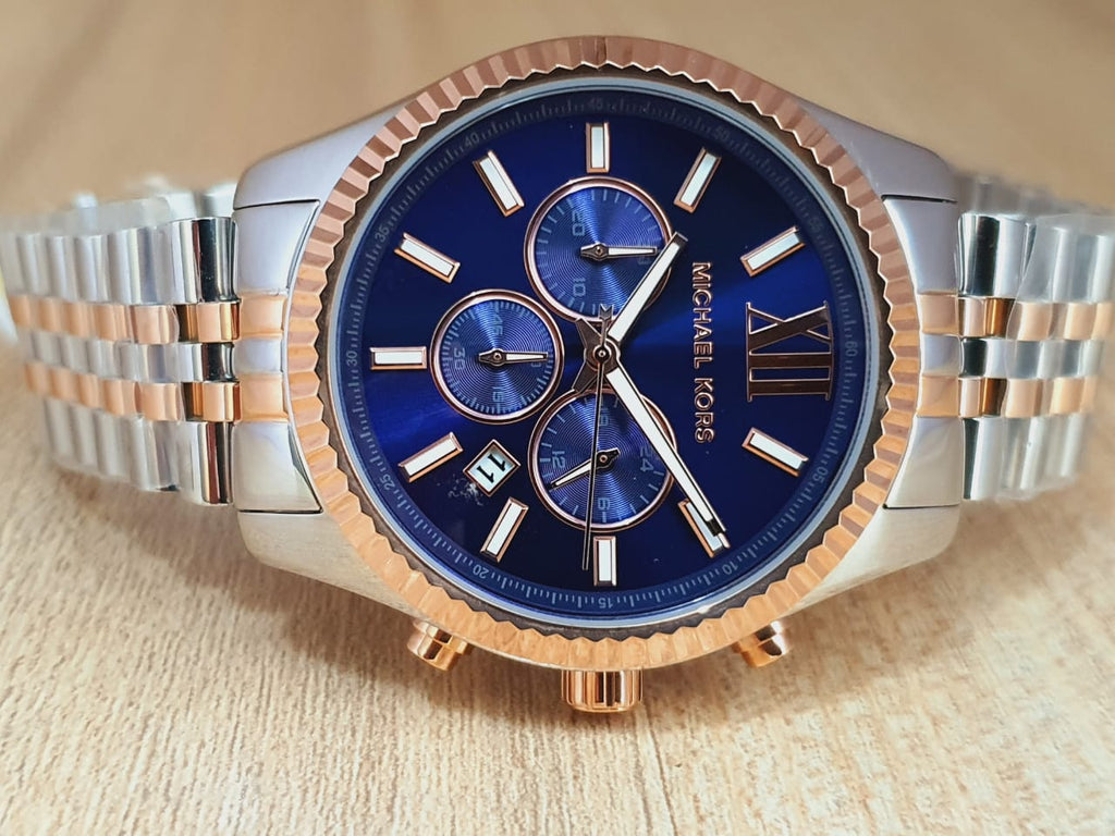 Mich@el Kors Lexington Montre à cadran bleu et bracelet en acier bicolore pour homme - MK8412