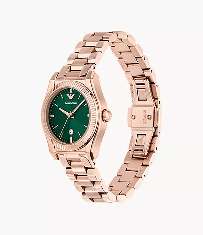 Montre Empôriô Armani à trois aiguilles avec date, en acier inoxydable, doré rose