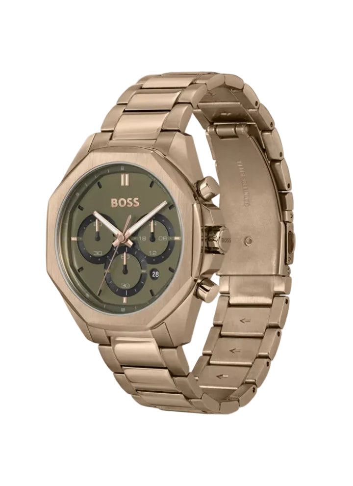 Montre Hugo Boss chronographe dorée avec bracelet à maillons