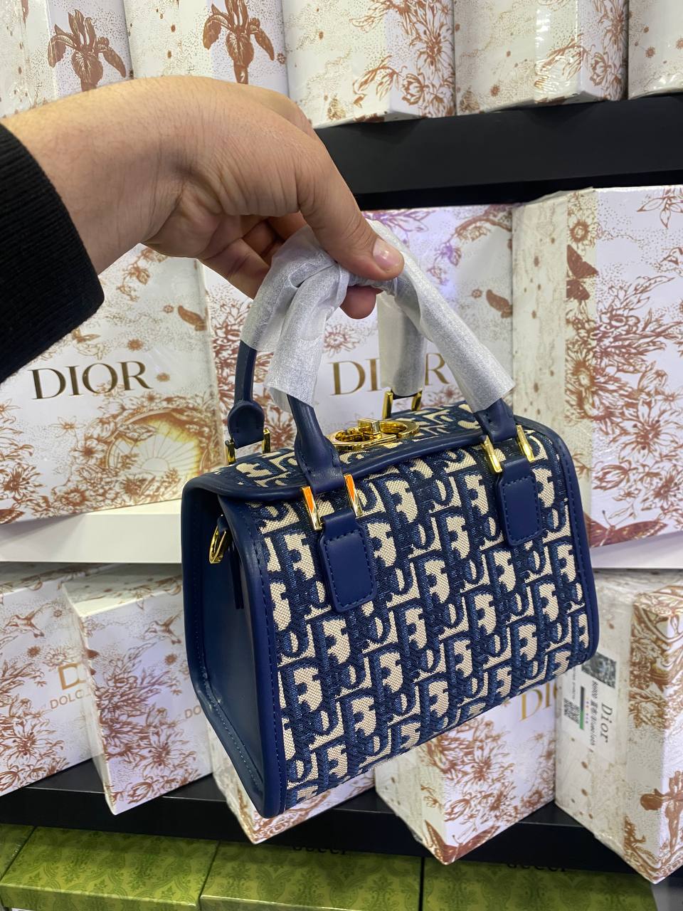 Di*r Small Boston Bag Blue Di*r Oblique Embroidery